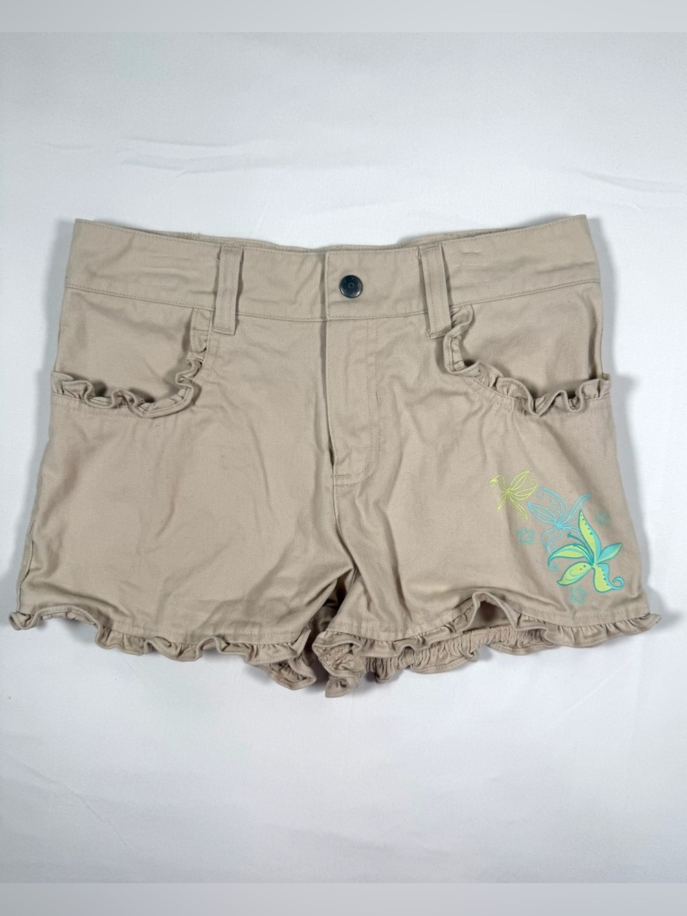 DISNEY FAIRIES Girls' Y2K Cargo Ruffle‎ Khaki Shorts Floral Boho Fairycore 8